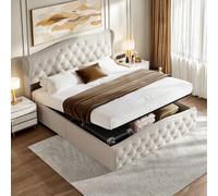 Lit coffre 140 x 200 cm, lit double, lit rembourré avec levier hydraulique, lit adulte, tissu velours, beige, flanelle continentale Caractéristiques :1. Design élégant : Ce lit de style Chesterfield i