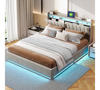 Lit Coffre 140 x 200 cm, Lit Double Rembourré avec éclairage LED et Charge USB, Rangement et Tete de lit, Cadre de Lits pour Adultes et Adolescents, Sommier à Lattes, Velours, Gris