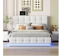 Lit coffre 140 x 200 cm Lit double rembourré avec éclairage LED et tête de lit réglable, rangement hydraulique - Cuir PU blanc