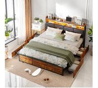 Lit coffre 140 x 200cm, cadre de lit Queen avec lumières RVB, 4 tiroirs, tête de lit et station de charge, lit ado, style