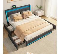 Lit Coffre 140x190 avec Led,LIT Capitonné avec 4 Tiroirs LIt Rembourré avec Ports de Chargement USB et Type-C Sur La Table de Chevet lits Double Rembourré Lits 2 Personnes(Gris foncé+lin-1, 140x190)