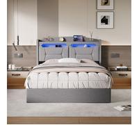Lit Coffre 140x190 avec Led,Lit Rembourré Hydraulique,Lit Rembourré avec Rangement,Lit 2 Personnes,Lit Capitonné,Lin,Gris Clair