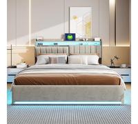 Lit Coffre 140x190 avec Prise USB C et Type-C, Cadre de Lit LED RGB avec Rangement Hydraulique et Tête de Lit Stockage, Lit Adulte Rembourré en Velours Gris avec Fond Anti-Poussière, Sommier Inclus