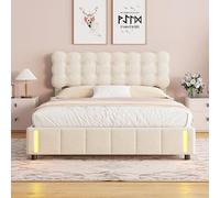 Lit Coffre 140x190 avec sommier, Cadre de Lit Double avec Lumière LED à capteur Automatique, Rangement Hydraulique, Lits 2 Personnes avec Tête de Lits Rembourré en Velours (Beige 1, 140 x 190 cm)