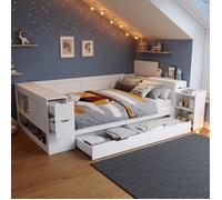 Lit coffre 140x190 cm blanc avec tiroirs, étagères et rangements, sommier inclus, lit enfant ado multifonction, sans matelas
