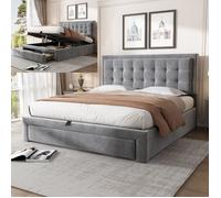 Lit coffre 140x190 cm - LANGTU - Style européen simple - Velours gris - 2 tiroirs & coffre - Sommier lattes, tête réglable