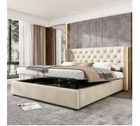 Lit coffre 140x190 cm Lit hydraulique adulte Lit double rembourré en velours avec Rangement et Sommier à lattes - beige LIT COMBINE