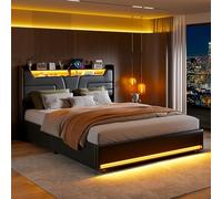 Lit Coffre 140x190 cm Moderne Tête de Lits avec Rangement,Lit 2 Personnes avec Sommier à Lattes en Bois LED et USB pour Chambre d'Adulte,PU,Noir(sans Matelas) (140x190 cm)