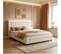 Lit coffre 140x190, EZSSW, LED RGB intégrée, rangement hydraulique et 2 tiroirs , tête de lit capitonnée, velours beige