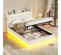 Lit Coffre 140x200 à LED, Lits Hydraulique avec Multiprise, Tête de Lit Capitonnée avec Étagère Ouvertes, Lits Double avec Rangement Spacieux, Lattes en Bois, Litss 140 x 200 avec Sommier, PU Blanc