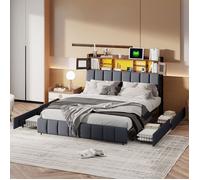 Lit coffre 140x200 avec 4 tiroirs, lit double avec tête de lit de rangement, avec lumières LED, tissu en lin, Noir