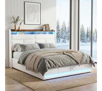 Lit Coffre 140x200 avec Éclairage LED, Lit Double Rembourré en Similicuir PU avec Rangement Hydraulique, Tête de Lit avec Étagères, avec Sommier à Lattes et Cadre de lit en métal (Blanc, 140x200 cm)