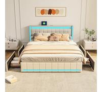 Lit Coffre 140x200 avec Led,LIT Capitonné avec 4 Tiroirs LIt Rembourré avec Ports de Chargement USB et Type-C Sur La Table de Chevet lits Double Rembourré Lits 2 Personnes (Beige+lin-A, 140x200)