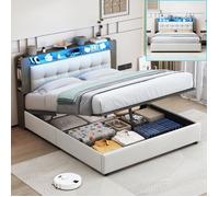 Lit Coffre 140x200 avec LED,Tête de lit avec rangement,Lit double adulte avec sommier à lattes,cadre de lit en Velours Blanc