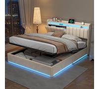 Lit Coffre 140x200 avec Prise USB C et Type-C, Cadre de Lit LED RGB avec Rangement Hydraulique et Tête de Lit Stockage, Lit Adulte Rembourré en Velours Beige avec Fond Anti-Poussière, Sommier Inclus