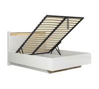 Lit coffre 140x200 avec sommier et rangement + LED, coloris Blanc brillant/Chêne clair - Longueur 208,5 x Profondeur 145,5 x Hauteur 42,5-104 cm - -