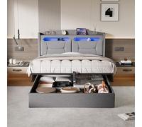 Lit Coffre 140x200 avec Sommier et Rangement, Lits Hydraulique avec Prise, Tête de Lit Capitonnée avec étagère Ouvertes, Lits 2 Personnes avec LED et Ports USB, Lin, sans Matela (Gris, 140*200)