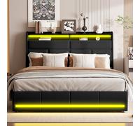 Lit Coffre 140x200 avec Sommier, liT Double 2 Personnes avec Rangement et LED, Cadre de Lit 140x200 avec Tete de lit Capitonné, PU, Assemblage Facile, Moderne, Matelas Pas Inclus (Noir)