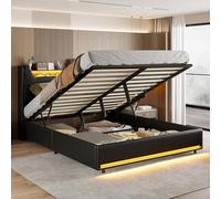 Lit Coffre 140x200 avec Sommier, Lit double avec coffre de rangement, Cadre de lits avec Interface USB et Eclairage LED, LIt rembourré avec tête de lit, liT pour adulte capitonné, PU (Noir, 140x200)