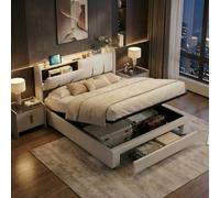 Lit Coffre 140x200 avec Sommier,Lit Double Rembourré140x200 avec LED,Lit 2 Personnes avec Rangement Hydraulique et Tiroirs,Rangement Caché en Tête de lits,Velours,sans Matelas (Beige A)