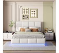 Lit Coffre 140x200 avec Sommier, Lit Rembourré LED Lit Adulte Lit Double Lit de Rangement, Tête de lit réglable en hauteur,PU,