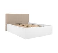 Lit coffre 140x200 avec tête de lit capitonnée ,coloris Blanc brillant/Textile beige - Longueur 209,5 x Profondeur 156 x Hauteur 95/40,5 cm - -