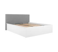 Lit coffre 140x200 avec tête de lit capitonnée ,coloris Blanc brillant/Textile gris - Longueur 209,5 x Profondeur 156 x Hauteur 95/40,5 cm - -