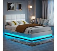 Lit coffre 140x200 cm, ADWOLT, LED, hydraulique, tissu en PU, cadre de lit 140x200 cm, blanc