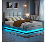 Lit coffre 140x200 cm, ADWOLT, LED, hydraulique, tissu en PU, cadre de lit 140x200 cm, gris