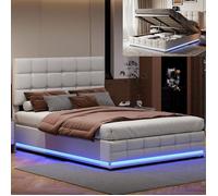 Lit coffre 140x200 cm avec éclairage LED, COMANLAI, Tête de lit réglable, Sommier à lattes, lit double lit adulte, PU, Blanc