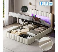 Lit coffre 140x200 cm avec LED, lit double capitonné avec sommier à lattes et coffre de rangement, lit adulte tissu lin, USB, beige