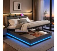 Lit Coffre 140x200 cm avec LED USB,Double Rembourré avec Sommier à Lattes,Lit Hydraulique 140x200 avec Étagères Ouvertes et Rangement Caché,lit Capitonné Cadre de lit 2 places en velours,sans Matelas
