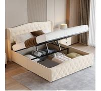 Lit coffre 140x200 cm - DANS LES NUAGES - Chesterfield - Tissu velours beige - 2 places - Avec tiroirs