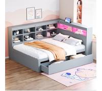 Lit coffre 140x200 cm en bois massif gris, canapé-lit multifonction avec rangements et LED