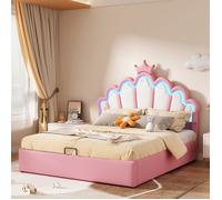 Lit coffre 140x200 cm en simili cuir rose avec tête en forme de nuage, couronne perlée et éclairage LED ambiant