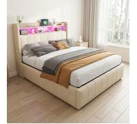 Lit coffre 140x200 cm en tissu lin beige avec LED, ports USB-C et rangement hydraulique - Design moderne