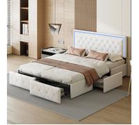 Lit coffre 140x200 cm, Lit avec 4 tiroirs, Lit double avec tête de lit rembourrée et éclairage LED, PU,Beige