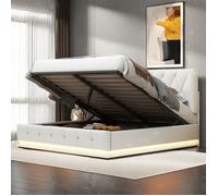 Lit coffre 140x200 cm - NMONET - Blanc - LED intégrée - Tête de lit réglable - 2 places