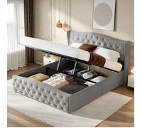 Lit coffre 140x200 cm - TANANT - Lit double capitonné - Tête de lit décorative - Tissu Velours - Gris
