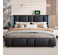 Lit Coffre 140x200,Lit Double avec LED,lIt avec Rangement et tête de liT rembourré, Lits 140x200 avec Sommier et Type-C et USB,Noir PU Moderne (140x200cm)
