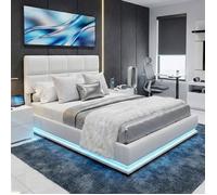 Lit coffre 140x200cm lit capitonné, 2 places, avec éclairage LED et tête de lit réglable, rangement hydraulique - cuir PU blanc.