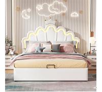 Lit coffre 140x200cm - Lit de princesse - Éclairage LED - Tête de lit réglable - Similicuir - Blanc