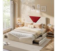 Lit Coffre 160×200 cm avec 4 Grands Tiroirs, Lit Double Rembourré avec Rangement, Structure en métal, Facile à Assembler, Moderne, Velours, Beige (sans Matelas)