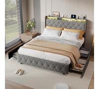 Lit Coffre 160×200 cm avec éclairage LED et USB, Lit Double Rembourré avec 4 Grands Tiroirs, Rangement, Facile à Assembler, Moderne, Flanelle, Gris (sans Matelas)