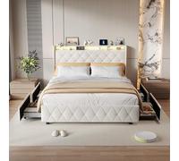 Lit Coffre 160×200 cm avec éclairage LED et USB, Lit Double Rembourré avec 4 Grands Tiroirs, Rangement, Facile à Assembler, Moderne, Flanelle, Beige (sans Matelas)