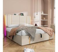 Lit coffre 160×200 cm, avec port USB et Type-C, Lit double rembourré avec lumière LED, Lit hydraulique avec espace de rangement, cadre à lattes en bois, tissu en lin, Beige (matelas non inclus)