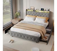 Lit Coffre 160×200 cm avec Ports USB et éclairage LED, Lit Double rembourré avec sommier à Lattes et 4 Tiroirs, Tête de lit capitonnée avec Rangement, Velours, sans Matelas (Gris-H, 160x200 cm)