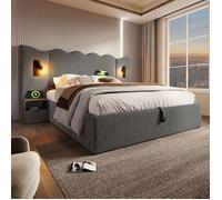 Lit coffre 160×200 cm Lit double rembourré avec lampe et USB Type-C - SWEIKO - Lin Gris