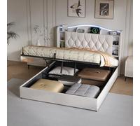 Lit Coffre 160 x 190 cm avec LED et Port USB, Lit Double Rembourré avec Sommier à Lattes, Lit Hydraulique 160x190 avec Étagères Ouvertes et Rangement Lit 2 personnes pour Adultes (Beige-2, 160x190)