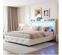 Lit coffre 160 x 200 avec LED et ports USB, lit 2 personnes avec sommier et rangement, lit 160x200 avec sommier en bois salé, blanc